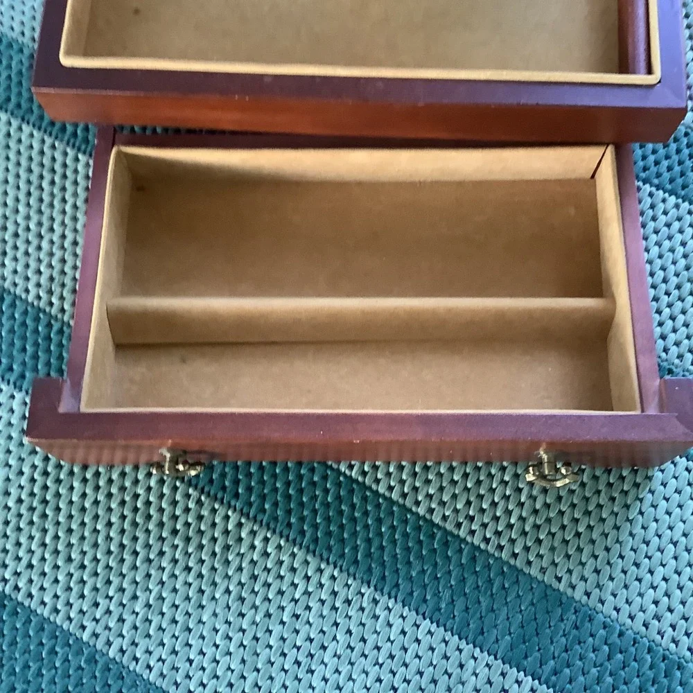 Vintage Wooden Jewelry Box Chest Cherry Finish Brass Hardware 2-Tier Organizer